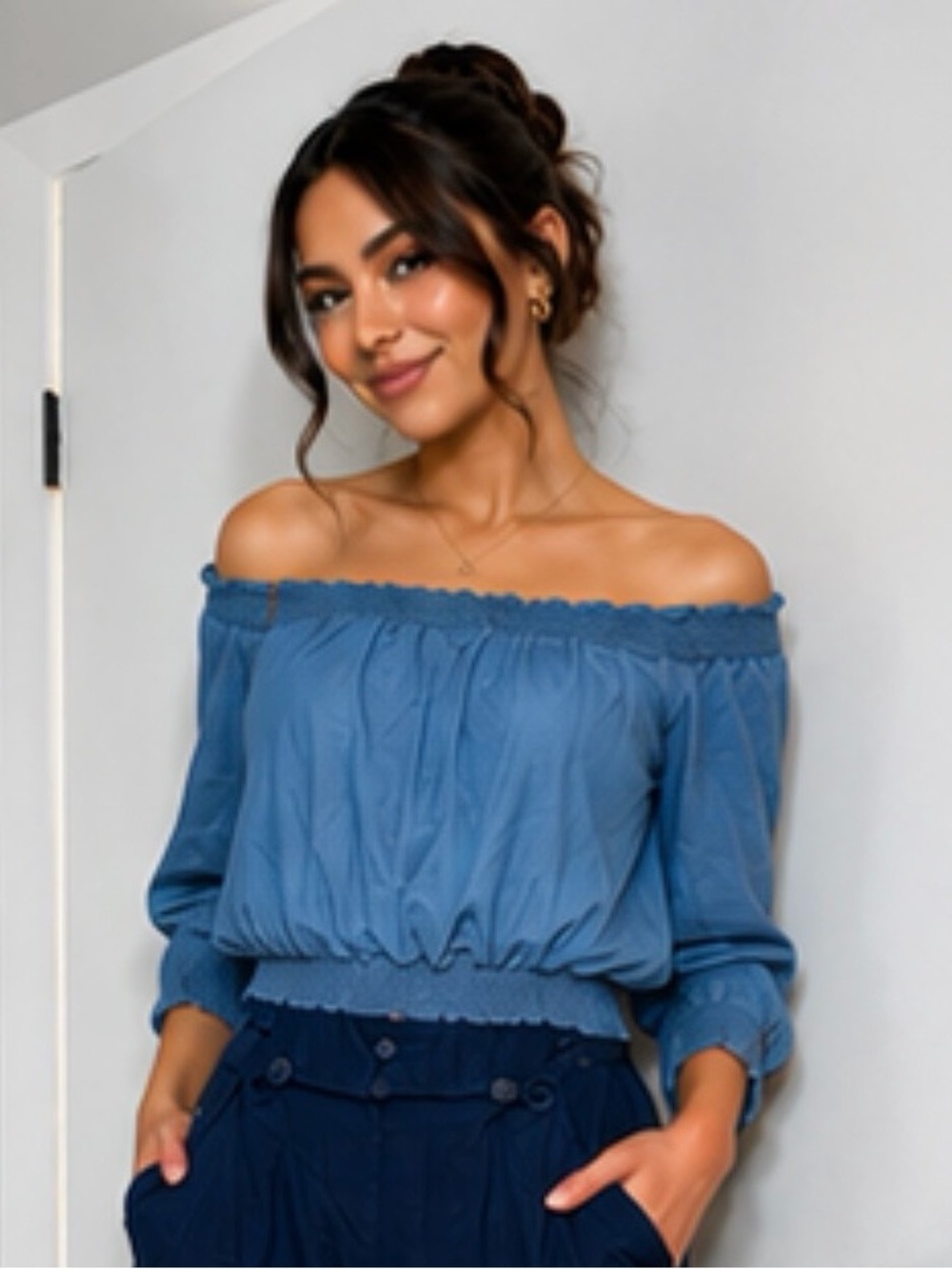 bebe Blue Off-Shoulder Smocked Hem & Cuffs Blouse